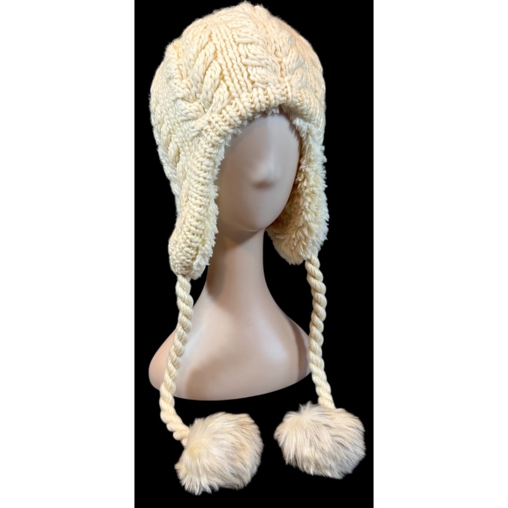J. Jill Ivory Beige Women's Hand Knit Winter Earflap Hoodie Hat Faux Fur Pom Pom